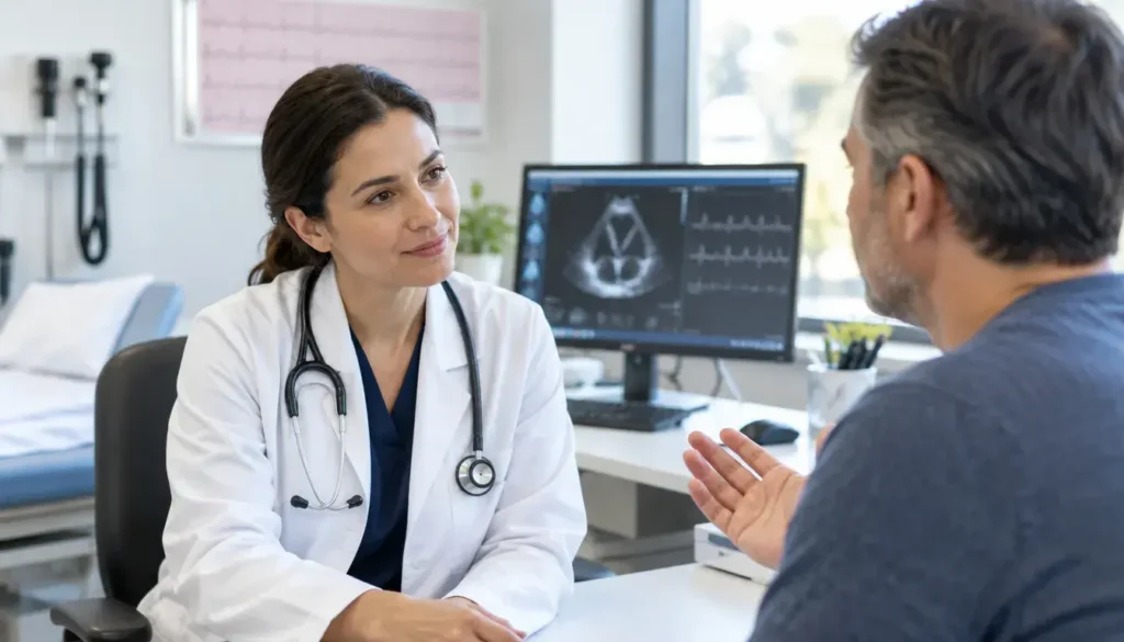 Cardiologist discussing heart examination results with a patient in a medical clinic.