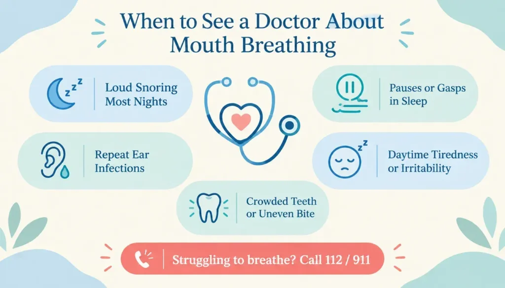 Infographic of warning signs that mouth breathing in children needs a doctor, with an emergency 112 or 911 note.