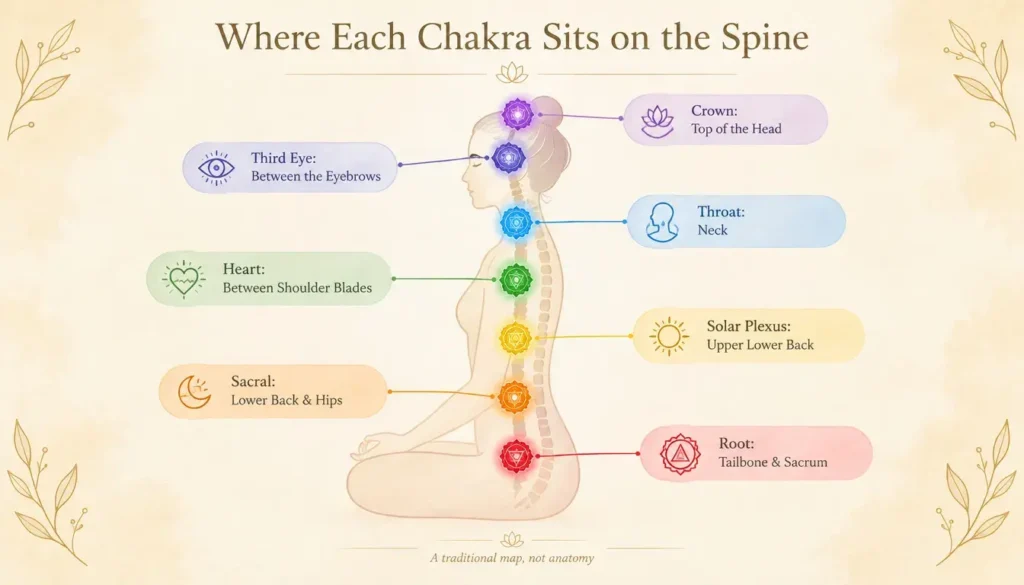 Infographic mapping the seven chakras to areas of the spine, from the tailbone to the top of the head.