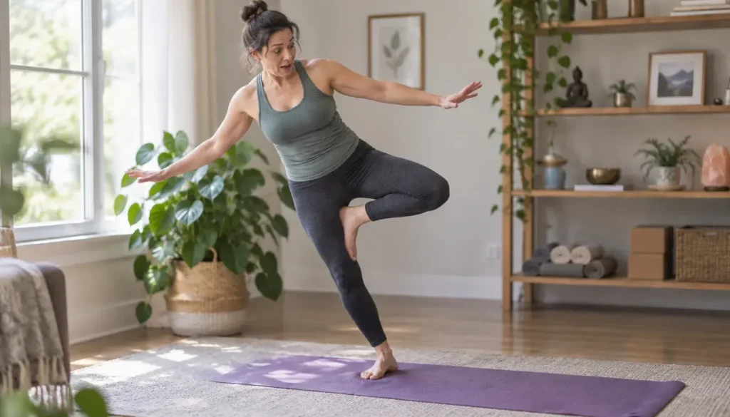 Woman losing balance in tree pose as her standing ankle rolls outward on a yoga mat.