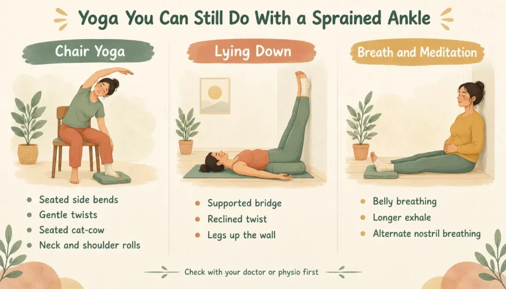 Infographic of chair yoga, lying-down poses and breathwork you can do with a sprained ankle.